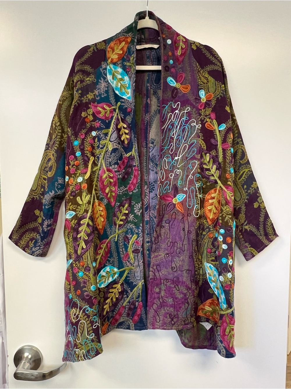 Soft Surroundings Embroidered Wool Multicolor Open Jacket Cardigan Duster